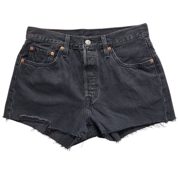 Levis 501 High Rise Womens Black Cutoff Raw Hem Jean Shorts Button Fly Size 28 - Picture 1 of 12